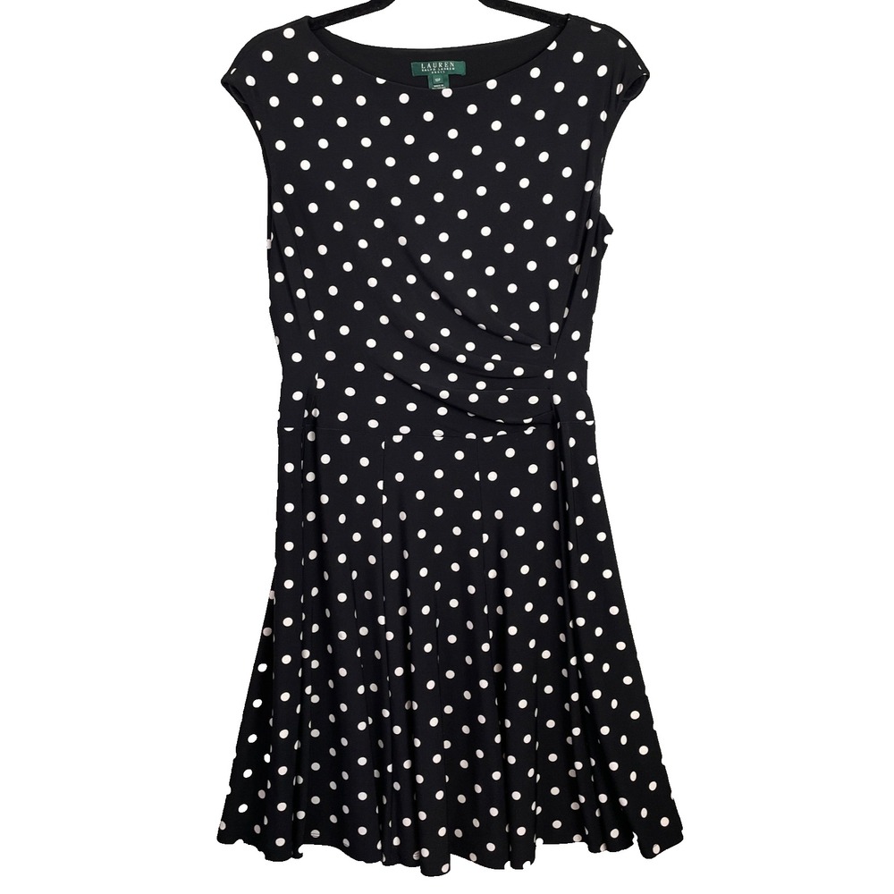 Lauren Ralph Lauren Dress Womens 10P Black White Dot Swing Flounce Ruched Flirty